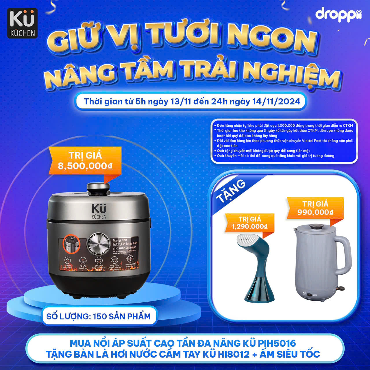 Nồi cơm áp suất cao tần đa năng cao cấp dung tích 5L,16 chức năng nấu,3 cấp độ áp suất KUCHEN KU PIH5016/PI5016